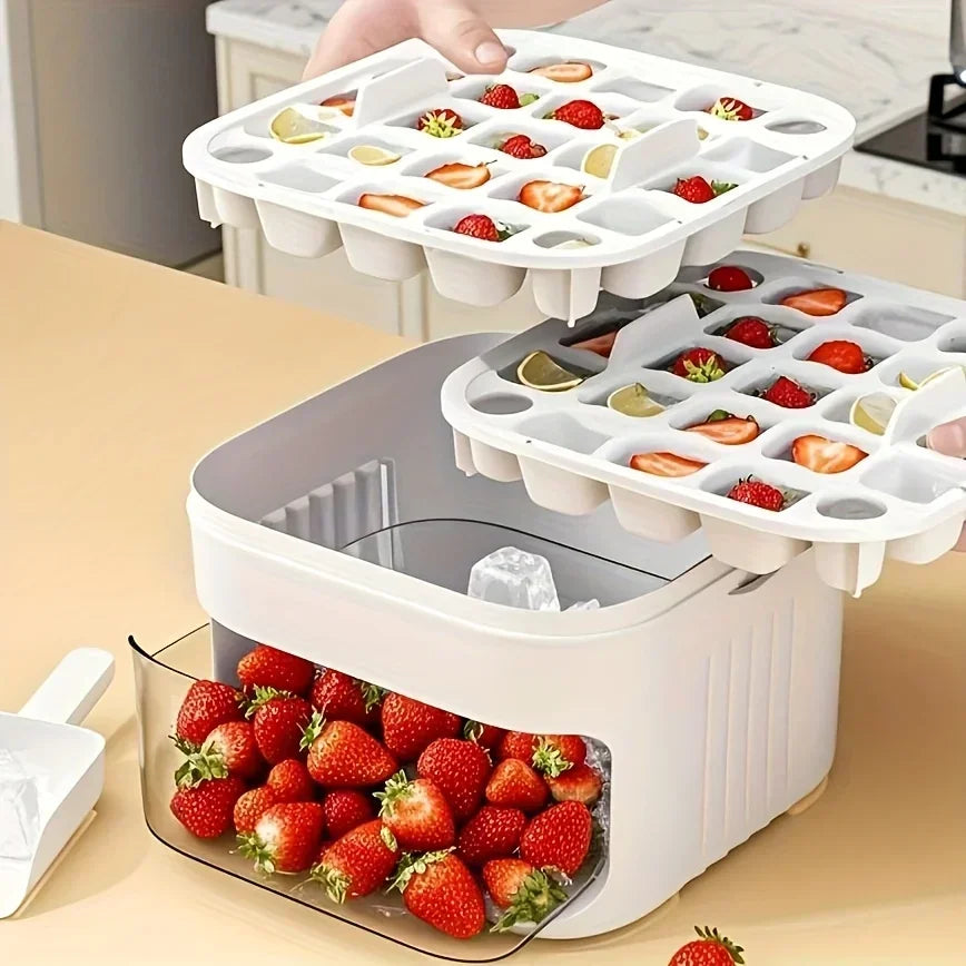 Cube Ice Maker with Easy Press Cap Large Capacity Double-layer Household Ice Storage Ice Box Food-grade Reusable