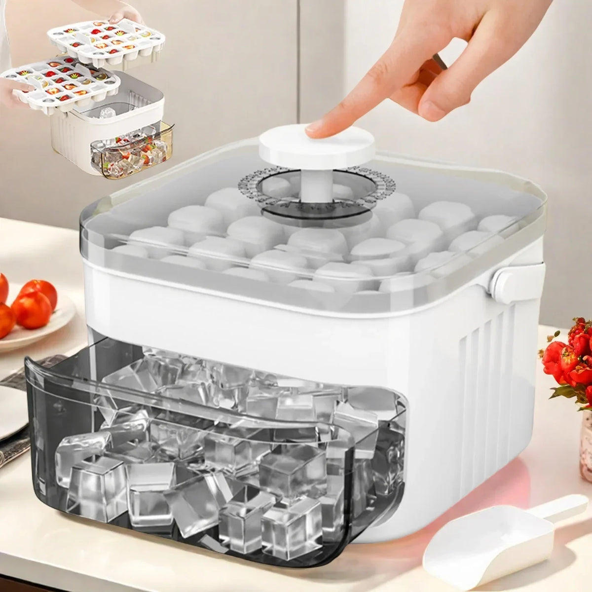 Cube Ice Maker with Easy Press Cap Large Capacity Double-layer Household Ice Storage Ice Box Food-grade Reusable