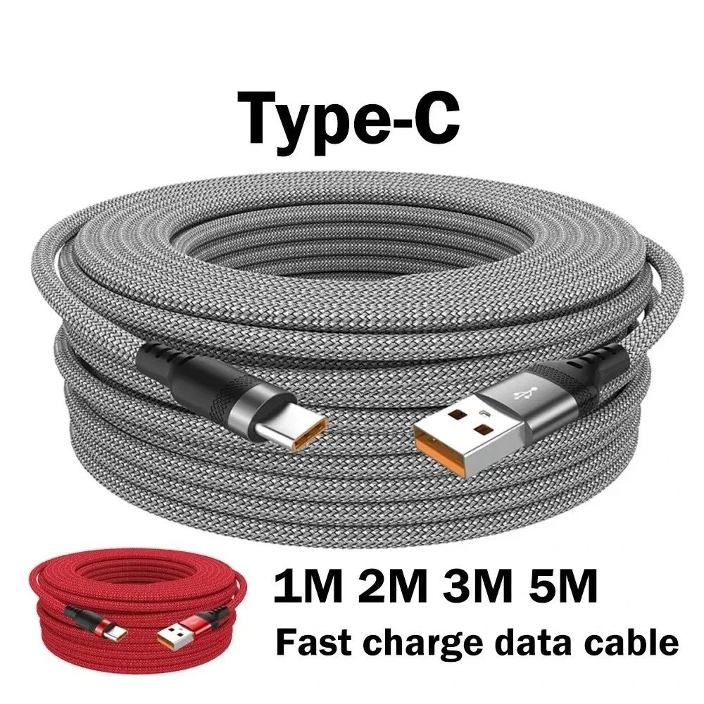 6A USB A to Type C Charging Extended Cable Fast Charger Nylon Data Cable 1/2/3/5m For Smart electronic Type C Charging Device
